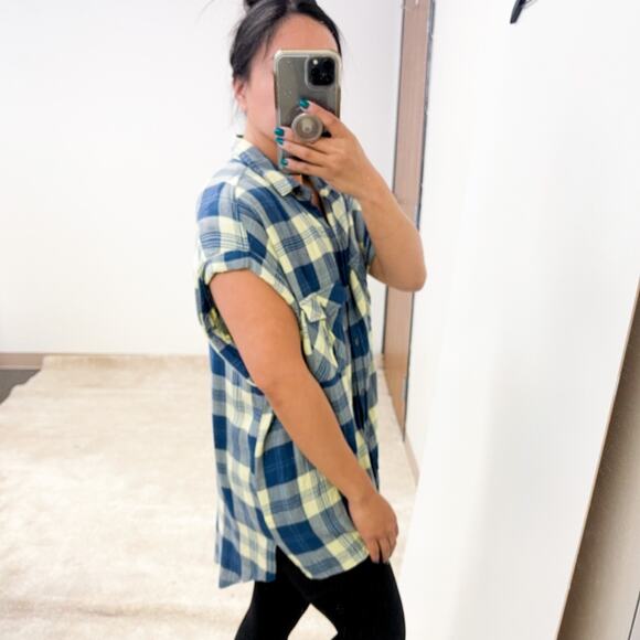 Rails x Free People | Button Down Cuffed Plaid Shirt Oversized Yellow Blue | S - Picture 2 of 10